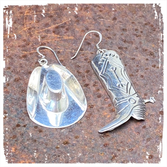Signed-Sterling Silver Cowboy Hat & Boot Dangle Earrings Native American Western - Picture 2 of 10